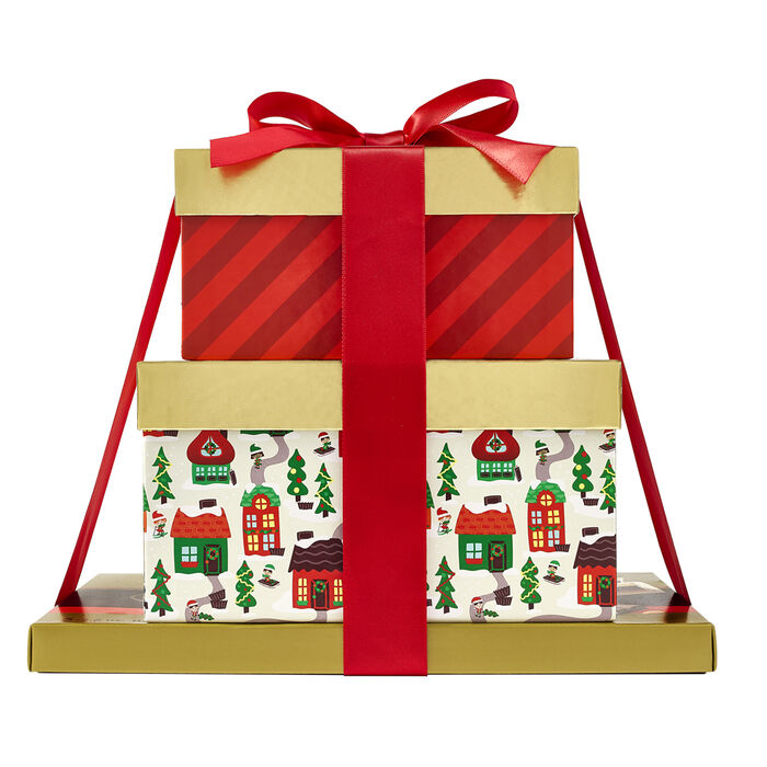 Image of HERSHEY'S KISSES, Assorted Miniatures and GOLDEN ALMOND Milk Chocolate Bars Filled Three-Box Holiday Gift Tower Packaging