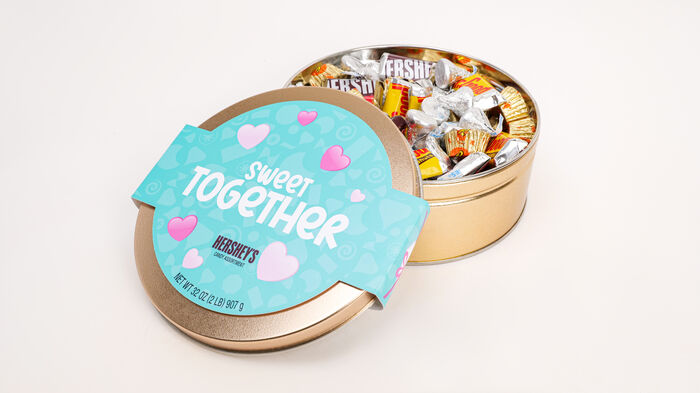 Image of HERSHEY'S Signature Valentine Gold Gift Tin 2lbs Candy Assortment Packaging