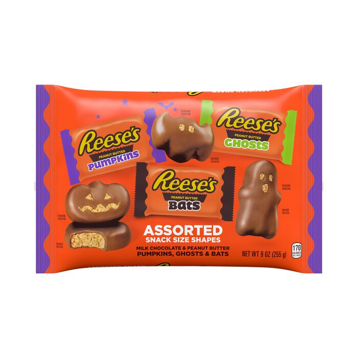 Image of REESE'S Milk Chocolate Peanut Butter Snack Size, Individually Wrapped, Assorted Shapes Candy Variety Bag, 9 oz Packaging
