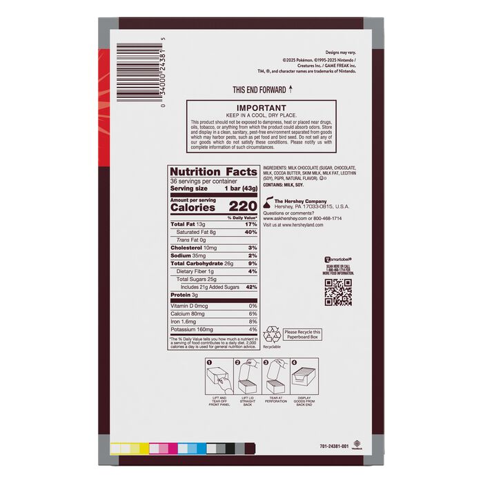 Image of HERSHEY'S Milk Chocolate Pokémon Candy Bars, 1.55 oz (36 Count) Packaging