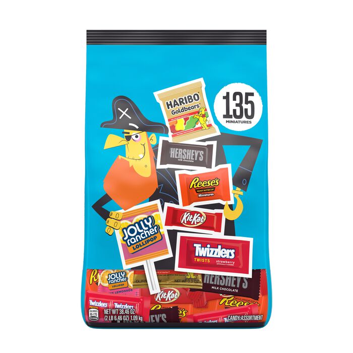 Image of Hershey Assorted Flavored Miniatures, Individually Wrapped Candy Variety Bag, 38.46 oz (135 Piece) Packaging