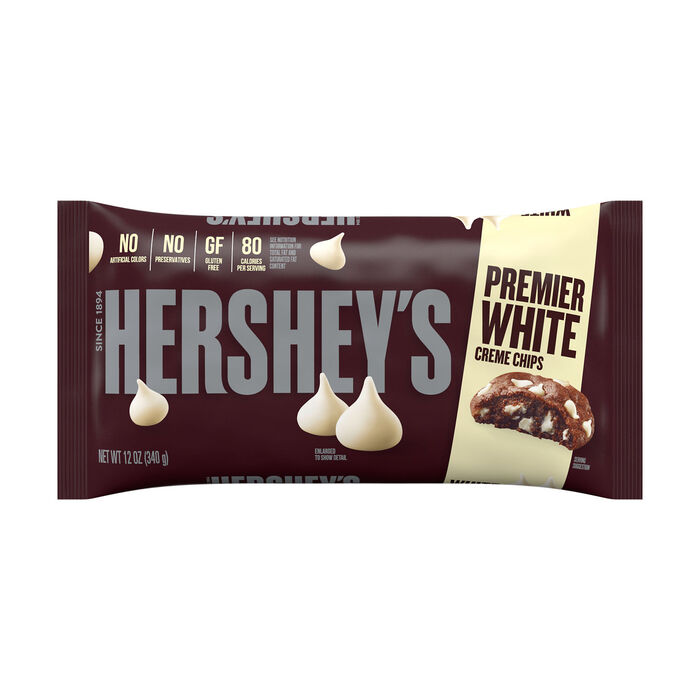 Image of HERSHEY'S White Crème Baking Chips 12oz Candy Bag Packaging