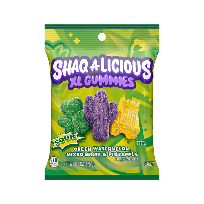 Image of SHAQ-A-LICIOUS XL GUMMIES Sour Chewy Candy Bag, 6.2 oz Packaging