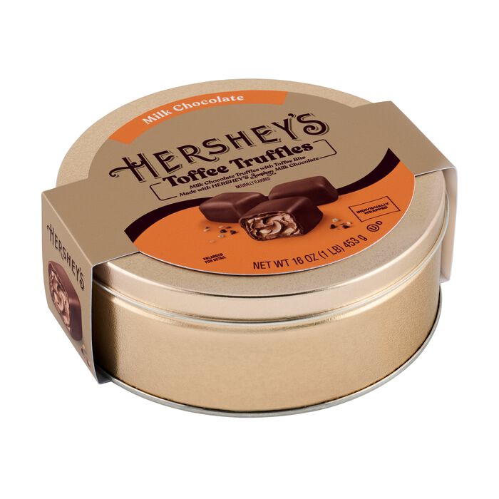 Image of HERSHEY’S Milk Chocolate Toffee Truffles Gift Tin, 1 lb Packaging