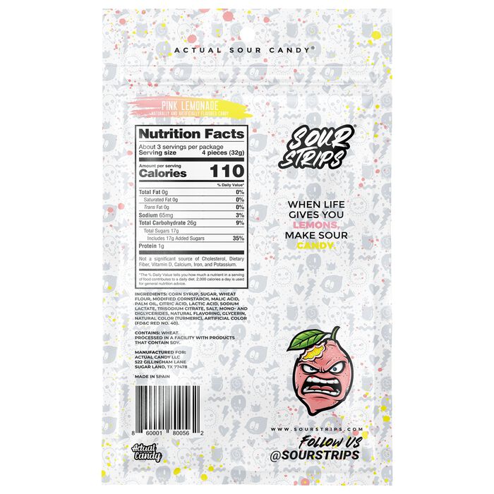 Image of Sour Strips Pink Lemonade Candy Peg Bag, 3.4oz Packaging