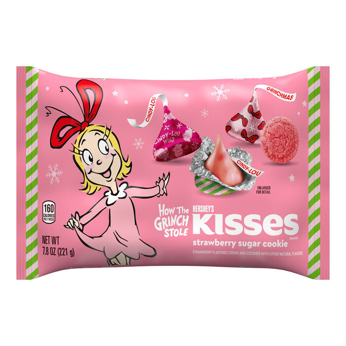 Image of HERSHEY'S KISSES Grinch Strawberry Sugar Cookie Flavored, Christmas , Candy Bag, 7.8 oz Packaging