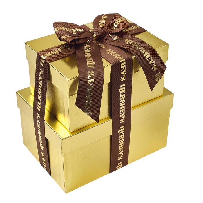Image of HERSHEY'S Golden 2-Box Gift Tower Milk And Dark Chocolate Assorted Mix Candy 52 Oz. | 1 tower Packaging