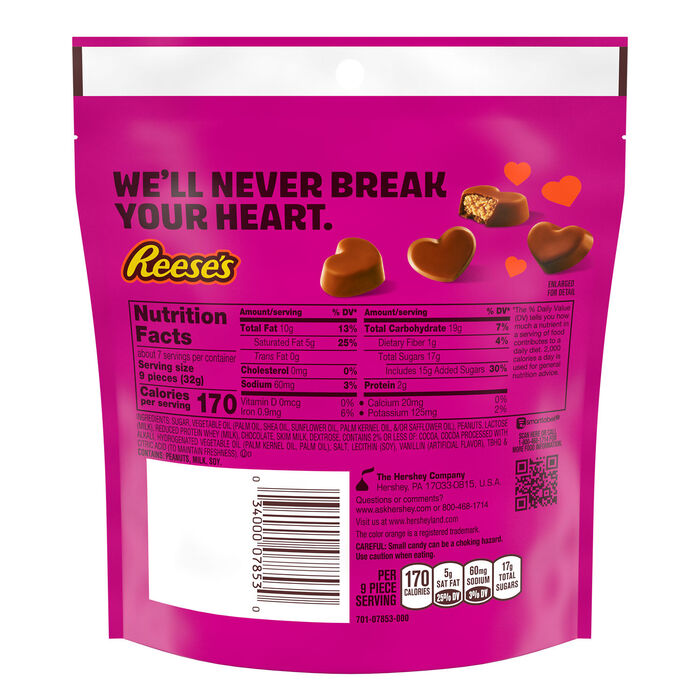 Image of REESE'S Unwrapped Chocolate Peanut Butter Creme Mini Hearts Valentine's Candy Bag, 7.6 oz Packaging