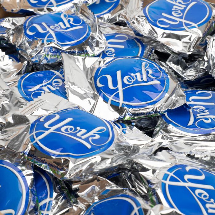 Image of YORK Dark Chocolate Covered Peppermint Patties Snack Size 5lb Bulk Box Packaging