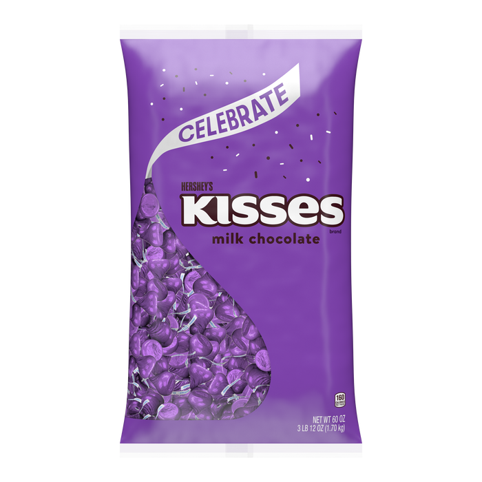 Image of HERSHEY'S KISSES Purple Foils Milk Chocolate Candy Bulk Bag, 60 oz Packaging