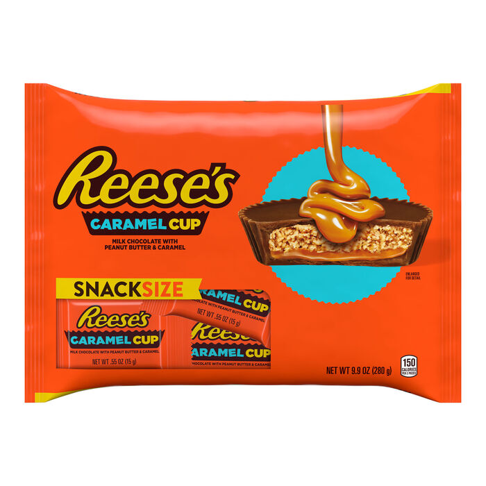 Image of REESE'S Milk Chocolate Caramel Peanut Butter Snack Size Cups, Candy Bag, 9.9 oz Packaging