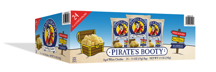 Image of PIRATE'S BOOTY Aged White Cheddar Rice & Corn Puffs, 0.5 oz Bags (24 Count) Packaging