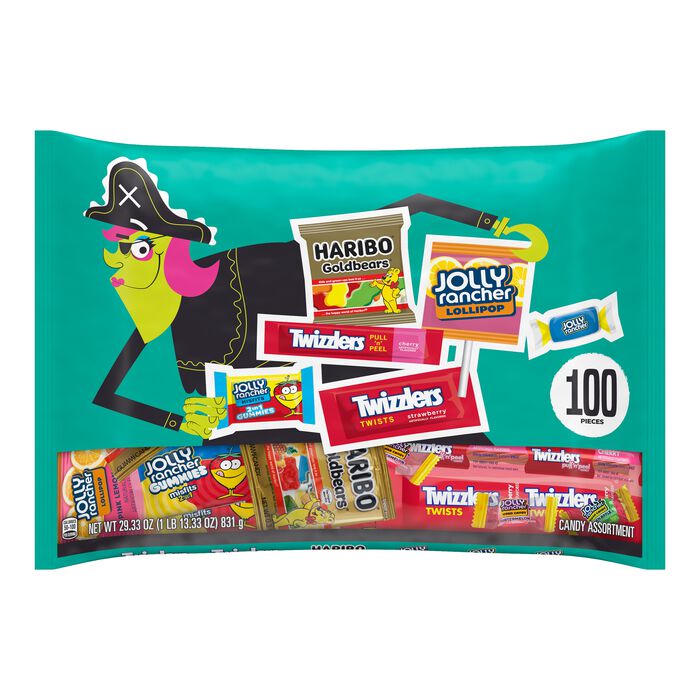 Image of HARIBO, JOLLY RANCHER and TWIZZLERS Assorted Fruit Flavors Miniatures, Individually Wrapped Candy Bag, 29.33 oz (100 pieces) Packaging