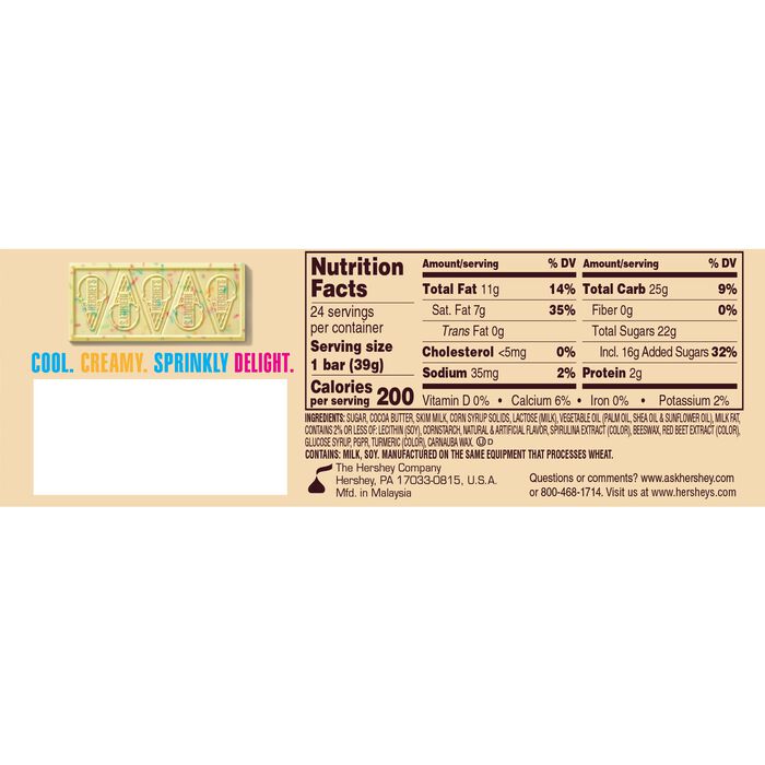 Image of HERSHEY'S Birthday Cake Ice Cream Flavored Standard Size Candy Bar, 1.38oz (24 Count) Packaging