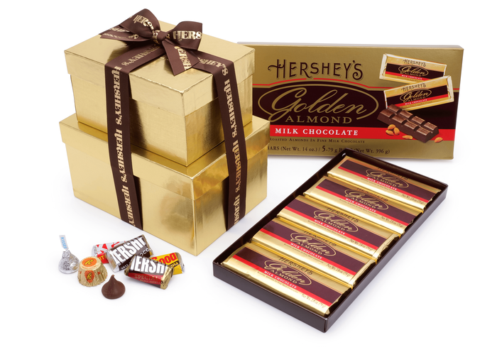 Image of HERSHEY'S Golden 3-Box Gift Tower Featuring Milk Chocolate Golden Almond 66 oz. Packaging