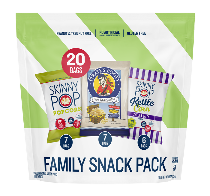 Image of SKINNYPOP and PIRATE'S BOOTY Family Snack Pack Popped Popcorn and Aged White Cheddar Puffs, 0.5 - 0.8 oz Bags (20 Count) Packaging