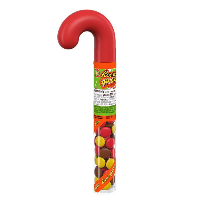 Image of REESE'S PIECES Peanut Butter in a Crunchy Shell, Christmas , Candy Plastic Cane, 1.4 oz Packaging