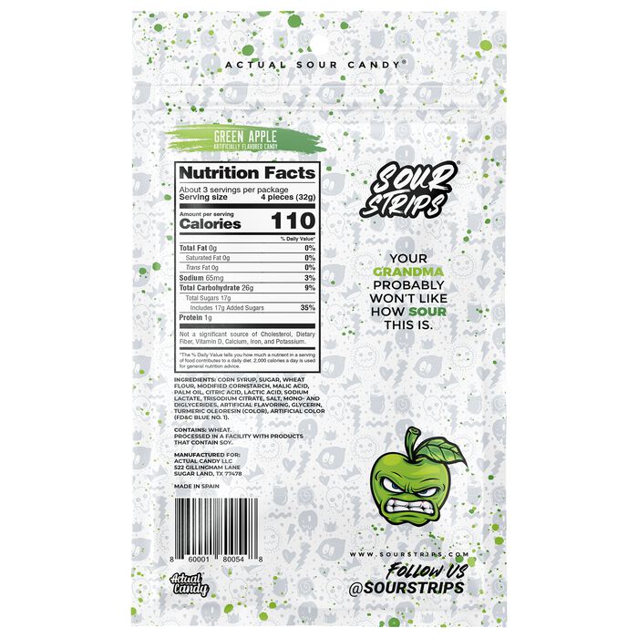 Image of Sour Strips Green Apple Candy Peg Bag, 3.4oz Packaging