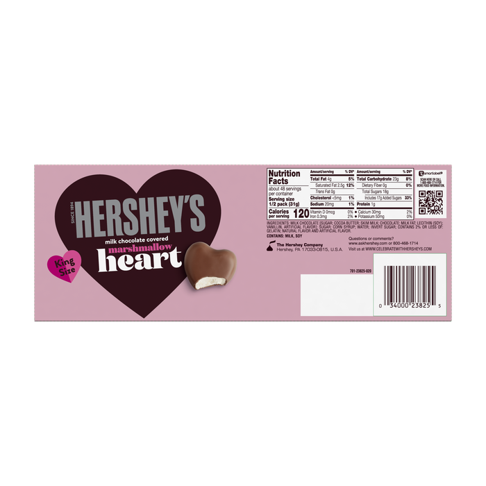 Image of HERSHEY'S Milk Chocolate Covered Marshmallow Heart, Valentine's Day Candy Pack, 2.2 oz (24 Count) Packaging