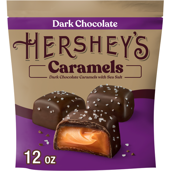 Image of HERSHEY'S Dark Chocolate Caramels with Sea Salt Pouch, 12 oz Packaging