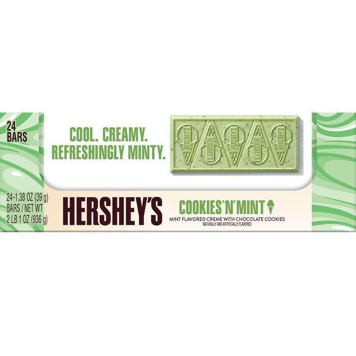 Image of HERSHEY'S Cookies 'N' Mint Ice Cream Flavored Standard Size Candy Bar, 1.38oz (24 Count) Packaging