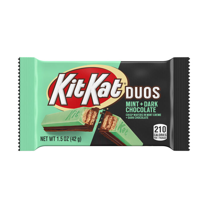 Image of KIT KAT DUOS Dark Chocolate Mint Standard Size 1.5oz Candy Bar Packaging