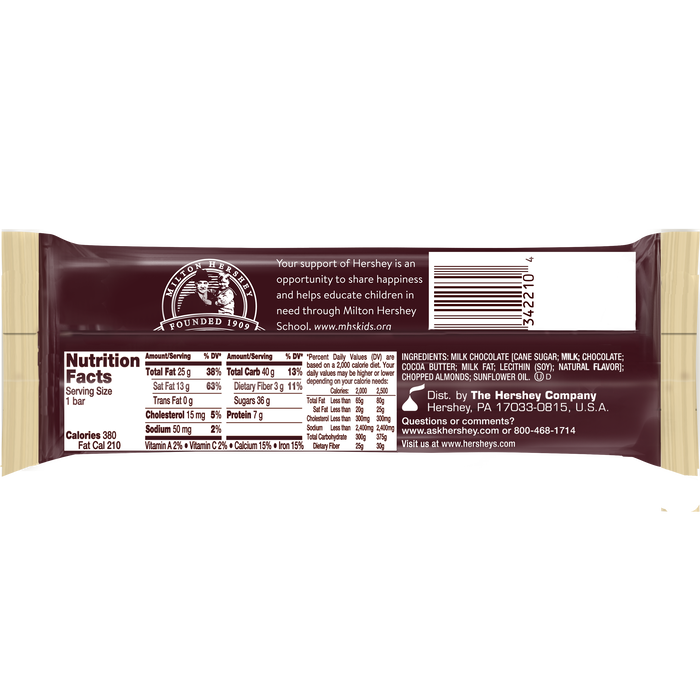 Image of HERSHEY'S Milk Chocolate with Almonds King Size Candy Bar, 2.6 oz Packaging