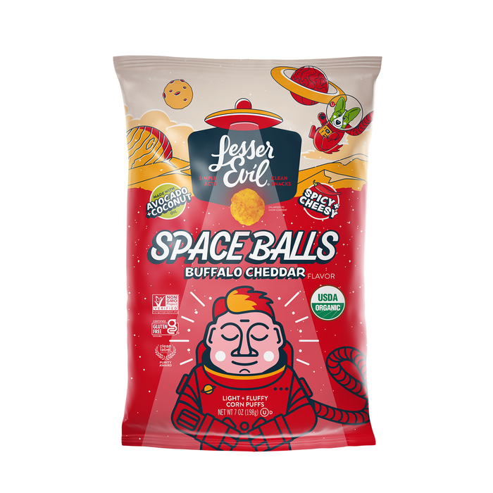 Image of LesserEvil Buffalo Cheddar Space Balls 7oz Packaging