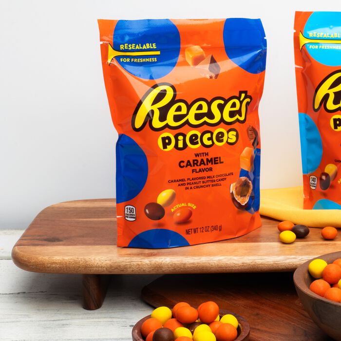 Image of REESE'S PIECES Caramel Flavored Milk Chocolate Candy, 12 oz bag Packaging