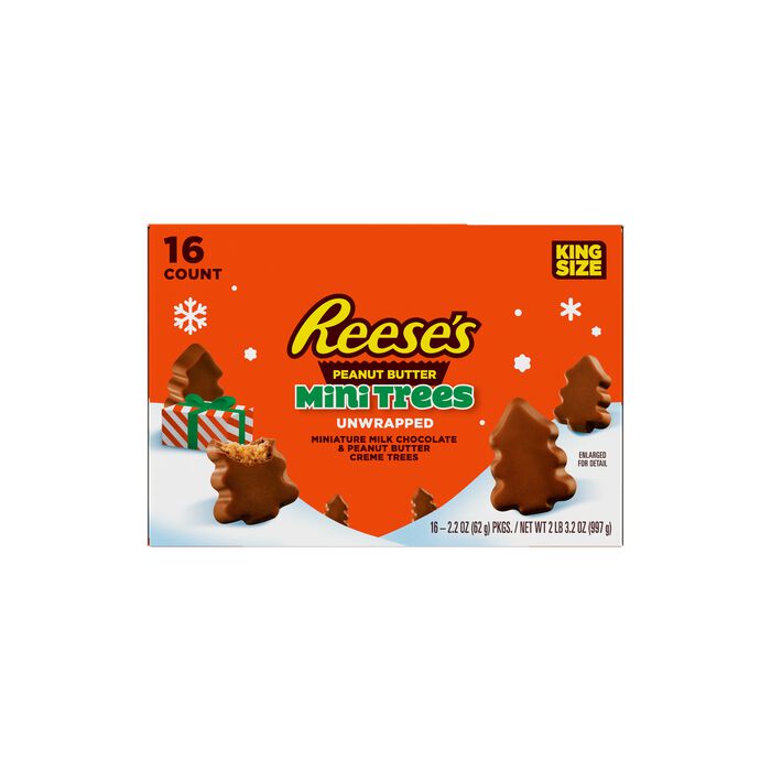 Image of REESE'S Unwrapped Milk Chocolate Peanut Butter Creme Mini Trees, King Size Christmas Candy Bags, 2.2 oz (16 Count) Packaging