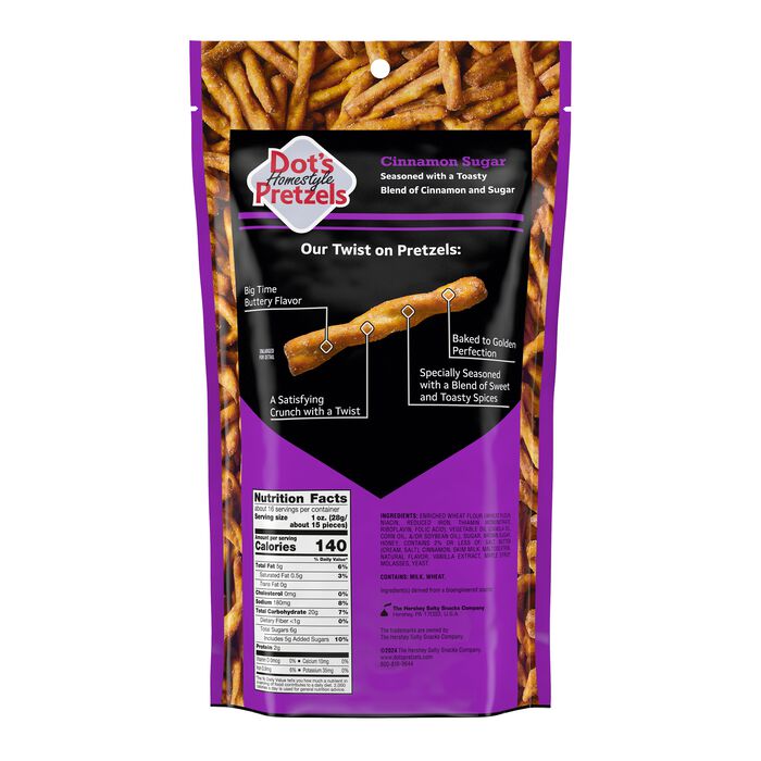 Image of DOT'S HOMESTYLE PRETZELS Cinnamon Sugar Seasoned Pretzel Twists, 16oz bag Packaging