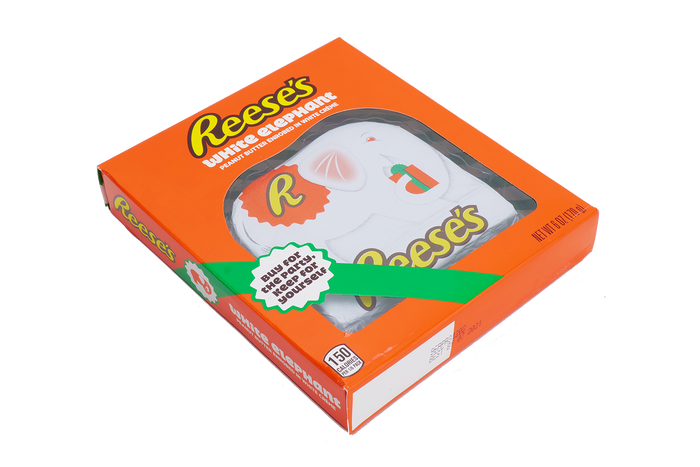 Image of REESE’S Peanut Butter Enrobed in White Creme White Elephant Box Packaging