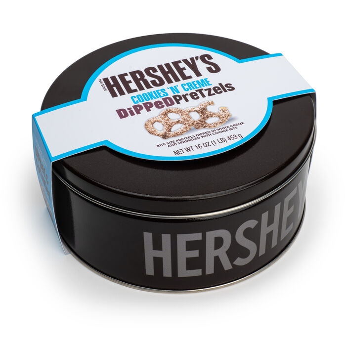 Image of HERSHEY'S Cookies 'n' Creme Dipped Pretzel Tin, 16 oz Packaging