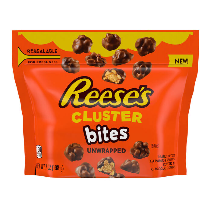 Image of REESE'S CLUSTER BITES Peanut Butter, Caramel and Peanuts Candy  Bag, 7 oz Packaging