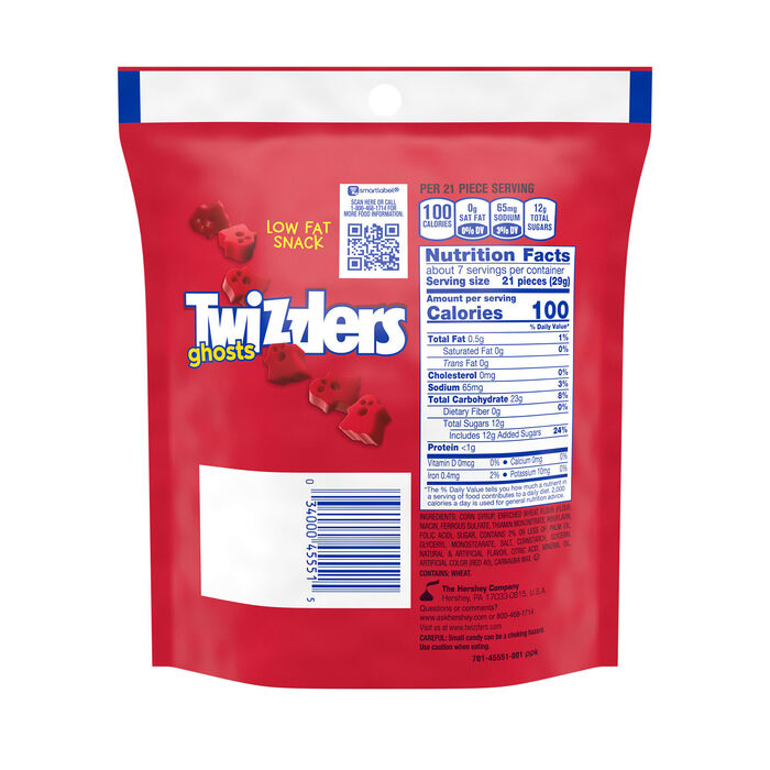 Image of TWIZZLERS Ghosts Cherry Flavored Chewy, Halloween Candy Bag, 7.1 oz Packaging