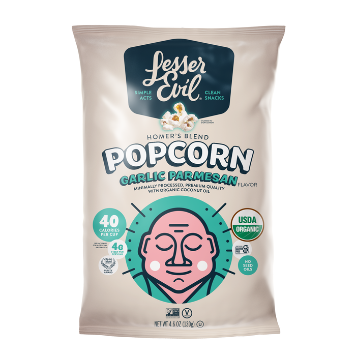 Image of LesserEvil Garlic Parmesean Popcorn 4.6oz Packaging