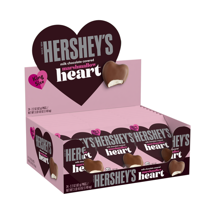 Image of HERSHEY'S Milk Chocolate Covered Marshmallow Heart, Valentine's Day Candy Pack, 2.2 oz (24 Count) Packaging