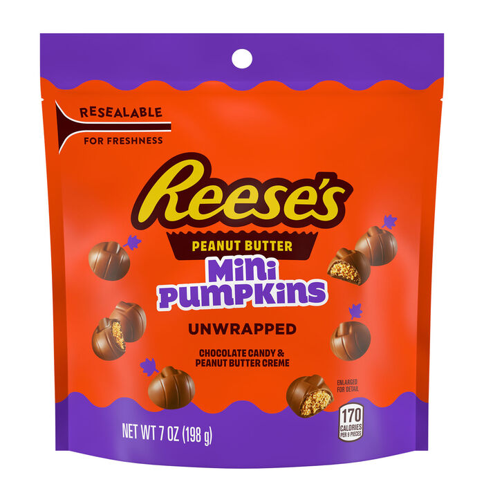 Image of REESE'S Unwrapped Chocolate Peanut Butter Creme Mini Pumpkins, Halloween Candy Bag, 7 oz Packaging