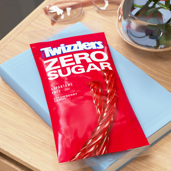 Image of TWIZZLERS Zero Sugar Twists Strawberry Flavored Licorice Style Candy Bag, 5 oz Packaging