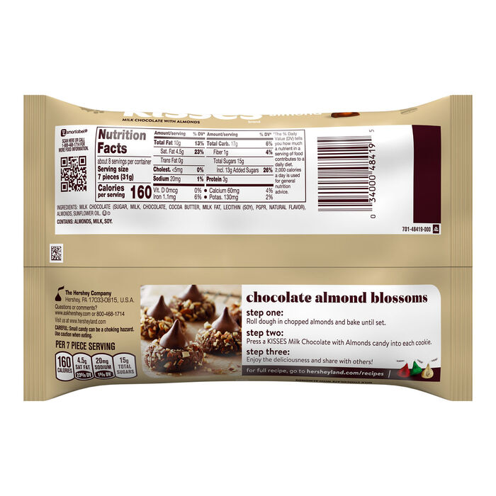 Image of HERSHEY'S KISSES Milk Chocolate with Almonds, Christmas , Candy Bag, 8.4 oz Packaging