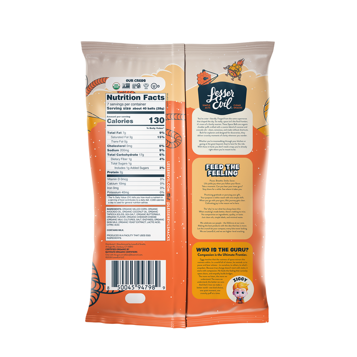 Image of LesserEvil Cheese Space Balls 7oz Packaging