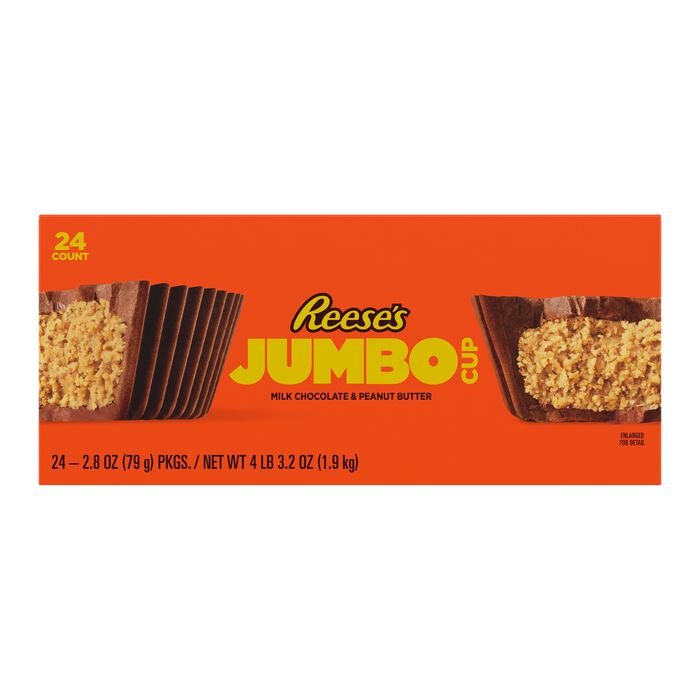 Image of REESE'S Jumbo Cup Milk Chocolate Peanut Butter Cup Candy Pack, 2.8 oz (24 Count) Packaging