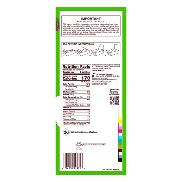 Image of HERSHEY'S Grinch Milk Chocolate Christmas Candy Bars, 1.2 oz (36 Count) Packaging
