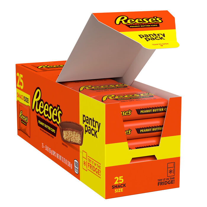 Image of REESE'S Milk Chocolate Peanut Butter Cup Snack Size Pantry Pack 25ct Candy Box Packaging