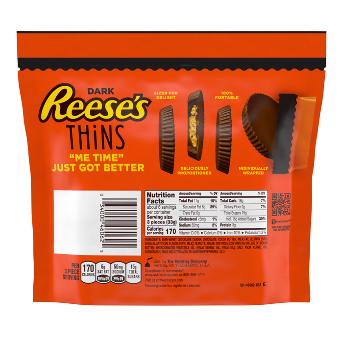 Image of REESE'S THiNS Dark Chocolate Peanut Butter Cups Snack Size 7.37oz Candy Bag Packaging