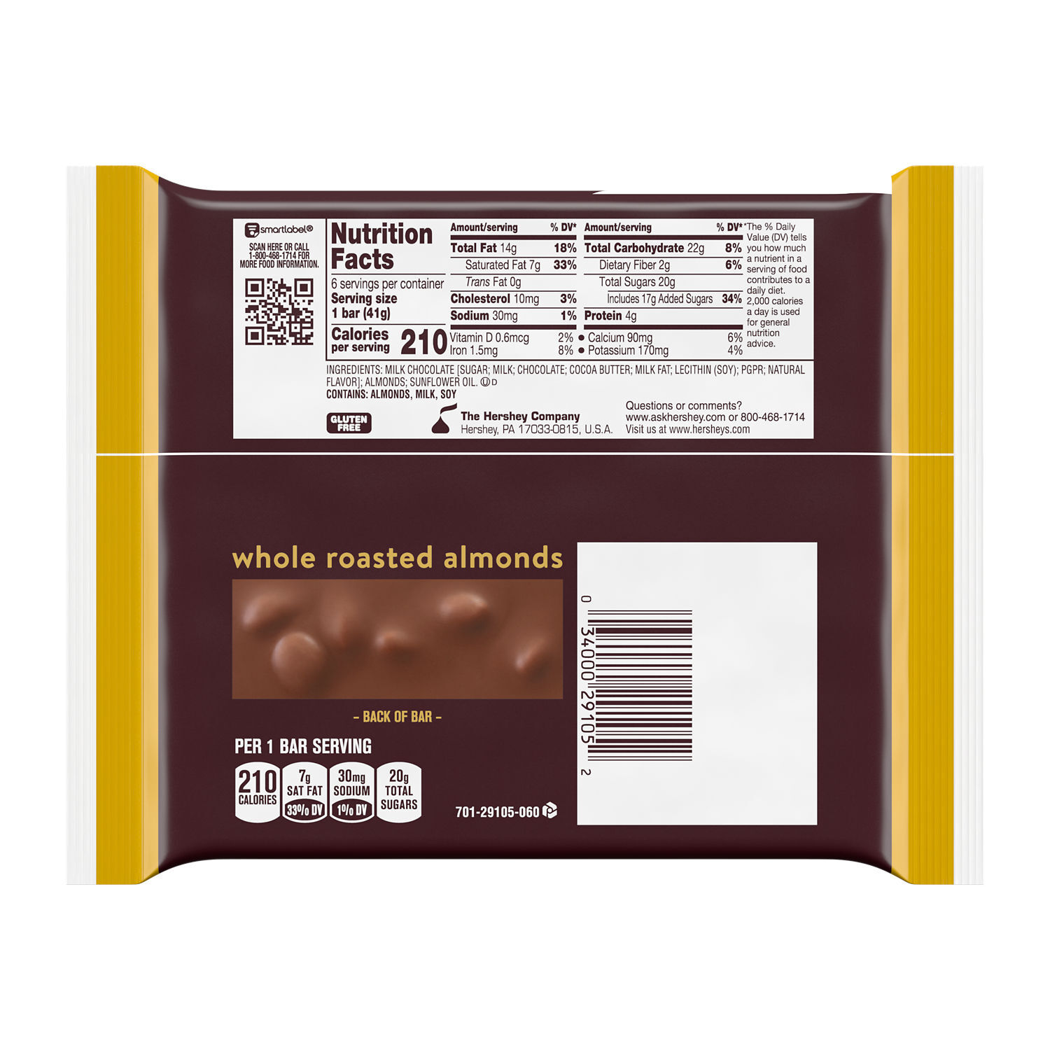 HERSHEY'S Milk Chocolate with Whole Almonds Candy Bars, 1.45