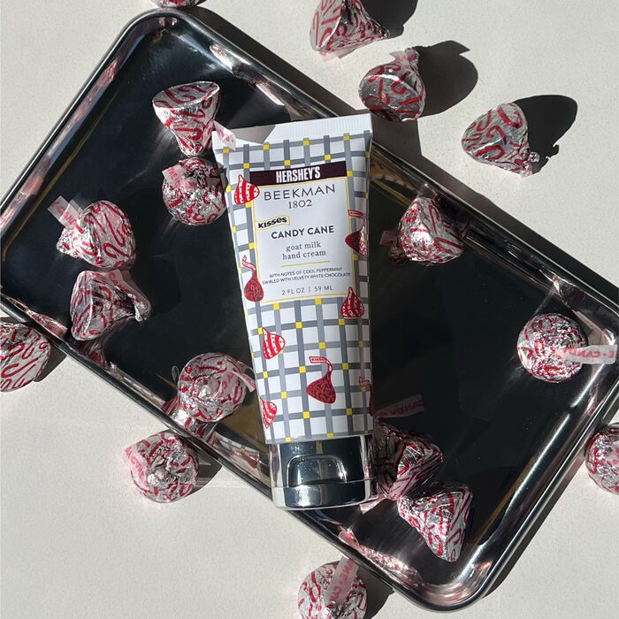 Image of Limited-Edition Beekman 1802 x HERSHEY'S KISSES Candy Cane Hand Cream 2 oz Packaging