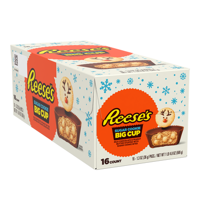 REESE'S Big Cup Sugar Cookie Milk Chocolate Peanut Butter Cups, Christmas Candy Packs, 1.3 oz (16 Count)