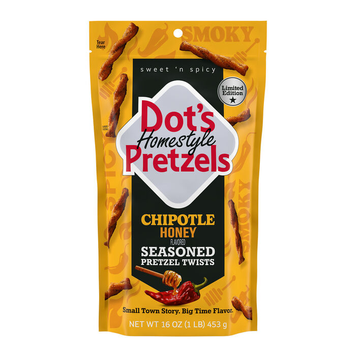 Image of DOT'S Homestyle Pretzels Chipotle Honey Flavored Seasoned Pretzel Twists Bag, 16 oz Packaging