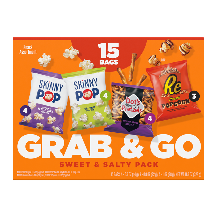 Image of SKINNYPOP Original and SKINNYPOP Sweet and Salty Popcorn, DOT’S Cinnamon Sugar Pretzels, and REESE’S Peanut Butter Popcorn 15-count Multipack Box Packaging